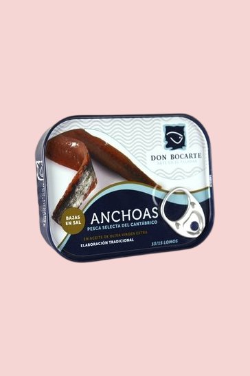 Acciughe del Cantabrico Don Bocarte in olio di oliva, basse in sale (85 gr - 13/15 filetti)