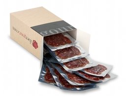 Scatola di Cecina di León Feblame (carne di bovino affumicata e stagionata) a fette aperta
