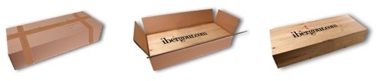 Scatola di legno con lo stemma d'IberGour, inserita dentro un'altra cassa di cartone