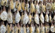 Prosciutti durante l'invecchiamento in una cantina