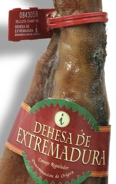 Etichetta (plastica) e fascetta (carta) che accreditano la qualità Jamón Bellota, nella Denominazione d'Origine Dehesa de Extremadura